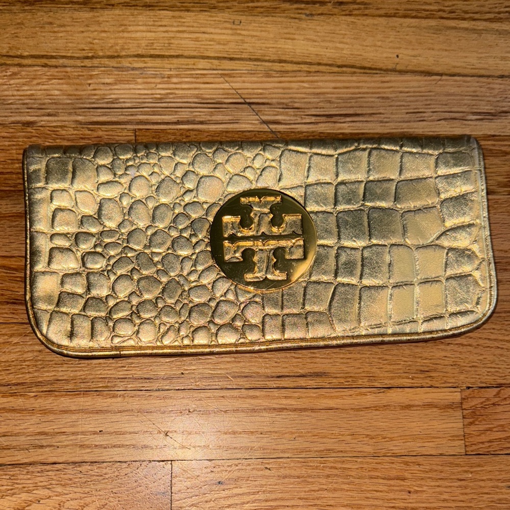 Tory Burch Metallic Gold Croc-Embossed Clutch
